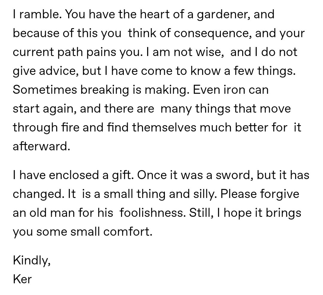 TestSubjectNerd's tweet photo. I just wanna reshare this letter @PatrickRothfuss wrote as Kerrek to Keyleth in C1 because it's been on my mind a lot lately and it's such a stunning thing. #CriticalRole https://t.co/DfEVtIyIM5