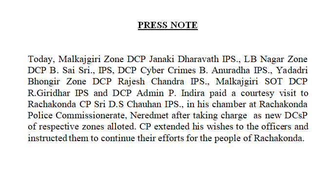 MalkajgiriCop's tweet photo. Today, #Malkajgiri_DCP Janaki Dharavath IPS, #LBNagar_DCP B.Sai Sri IPS, #YadadriBhongir_DCP Rajesh Chandra IPS & #DCP_CyberCrimes B.Anuradha IPS, #DCP_Malkajgiri_SOT R.Giridhar IPS and #DCP_Admin P.Indira paid a courtesy visit to #CP_Rachakonda Sri.#DS_Chauhan_IPS,at #CP_Office. https://t.co/OrPeo4AKrN