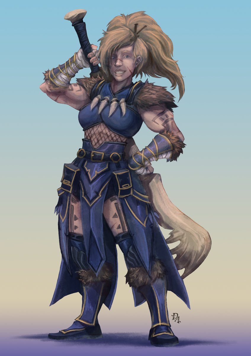 Can never go wrong with a muscular woman. #dnd #dndart #dungeonsanddragons #dndcommission #barbarian #human #blonde #warrior #fighter #warhammer #maul #greataxe #strong #muscles #tattoos #commission #commissionsopen #commissionart #wild #blue #gold
