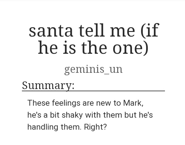 santa tell me (if he is the one)

🎄markle (mark/chenle)
🎄teen and up
🎄6.1k
🎄fluff, tiny bit of miscommunication, alternate universe, attempt at humour
🎄written for <a href="/cozydreamfest/">cozy dream fest • rest</a>
🎄ao3.org/works/44158009