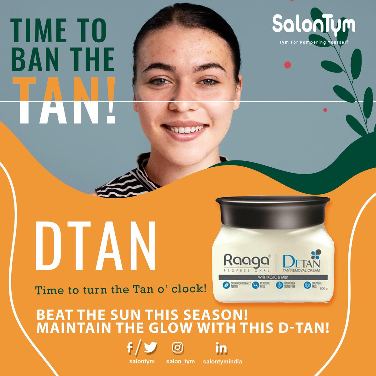 salontym's tweet photo. Time to ban the tan! 
Time to turn the Tan o’ clock! 

Dtan 

Beat the sun this season! 

Maintain the glow with this D-Tan!
.
.
Book now :- https://t.co/dTh8jg52jC
.
.
#beauty #Dtan #skin #skincare #salon #LIKEs https://t.co/kwOFnMdVwL