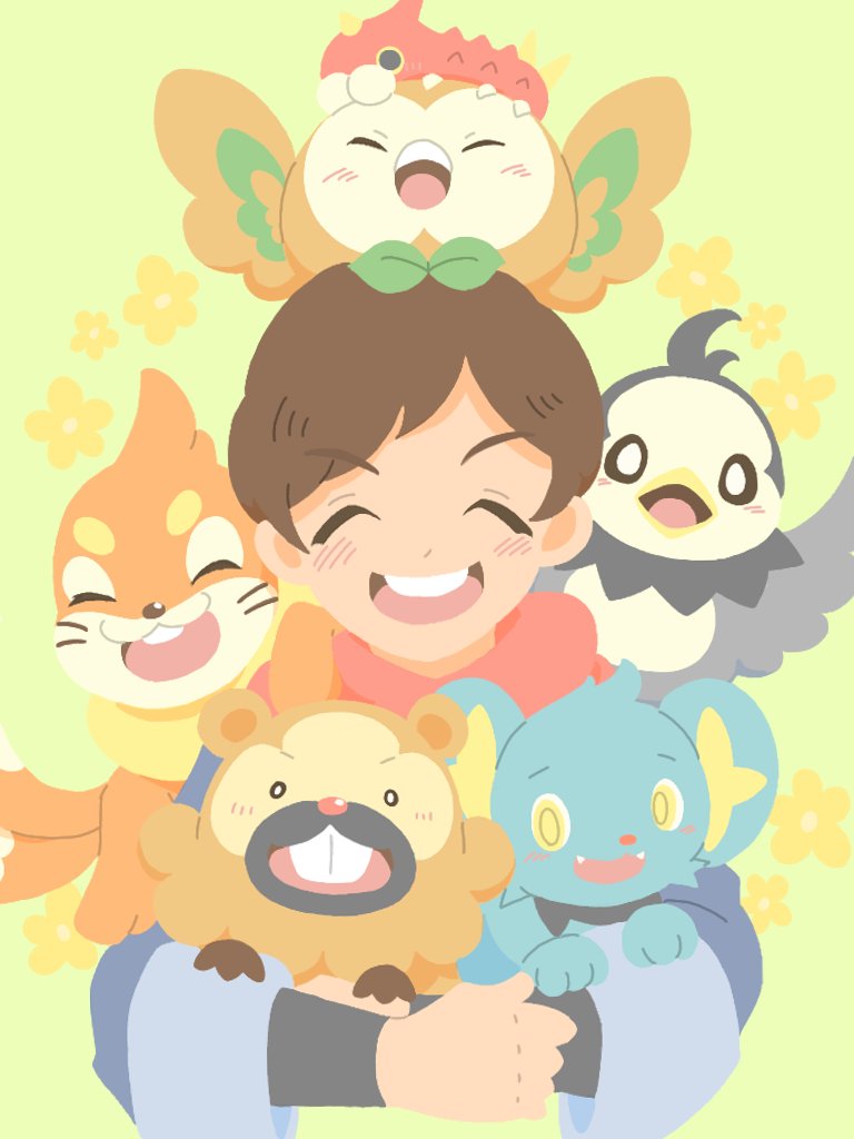 1boy pokemon (creature) open mouth closed eyes brown hair smile male focus  illustration images