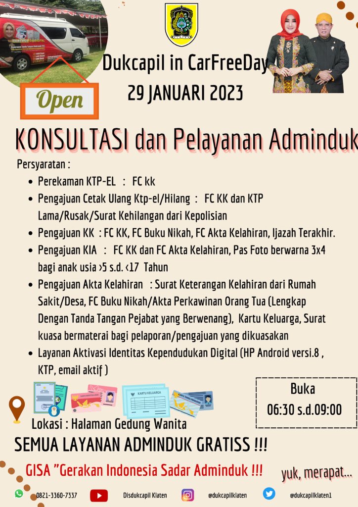 Dukcapil Klaten hadir kembali di CarFreeDay hari Minggu tgl 29 Januari 2023 jam 06.30-09.00, lokasi di halaman Gedung Wanita yuk yang punya kendala dalam Adminduk bisa merapat yaaa, yuk siapkan syarat nya 👏🏻📝 #dukcapilklaten #dukcapiljateng #dukcapilgodigital #cfdklaten #klaten