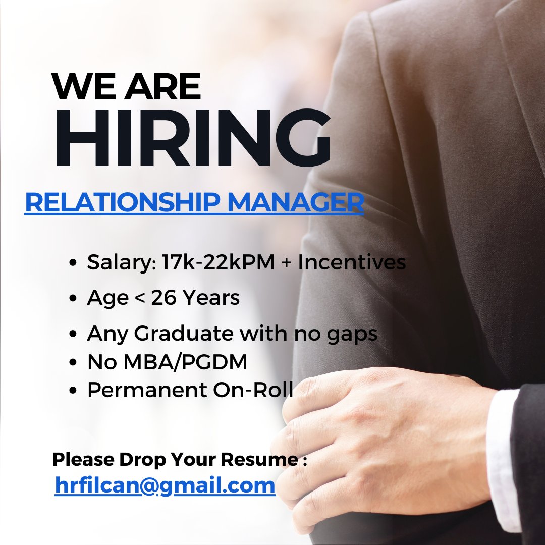 We are #hiring  for following #profiles:

Relationship Manager - #Onroll

if any  one interested please share your resume to : hrfilcan@gmail.com

#manager #hiringnow #wearehiring  #relationshipmanager #jobshiring #hiringalert #jobhiring #hiringtalent  #hiringimmediately #hiring2
