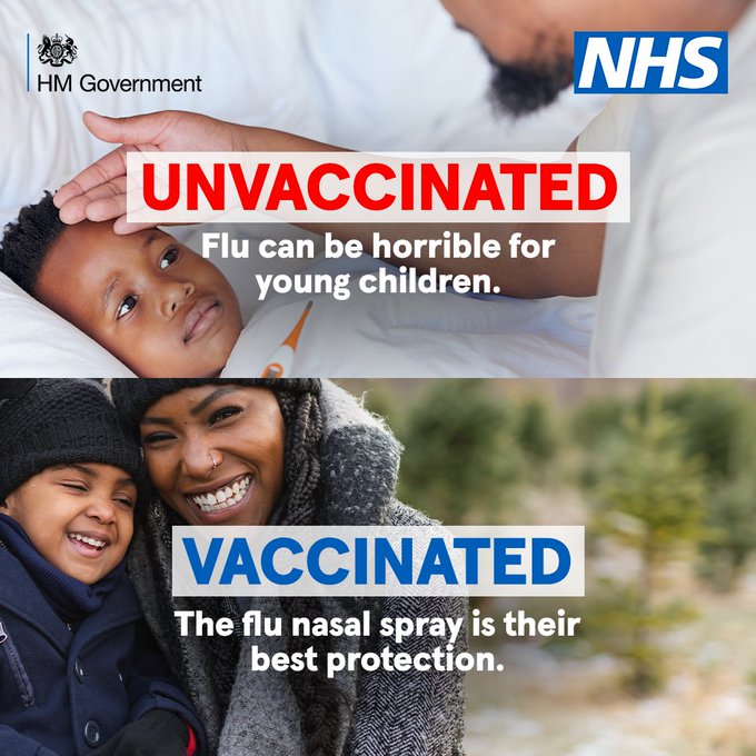 Children who turned 2 or 3 years old by 31 August 2022 can get their flu vaccine now. It is a quick and easy spray up the nose that is over in a second. 
 
Parents and guardians can book an appointment for their child at their GP. Find out more. ➡️ nhs.uk/conditions/vac…
