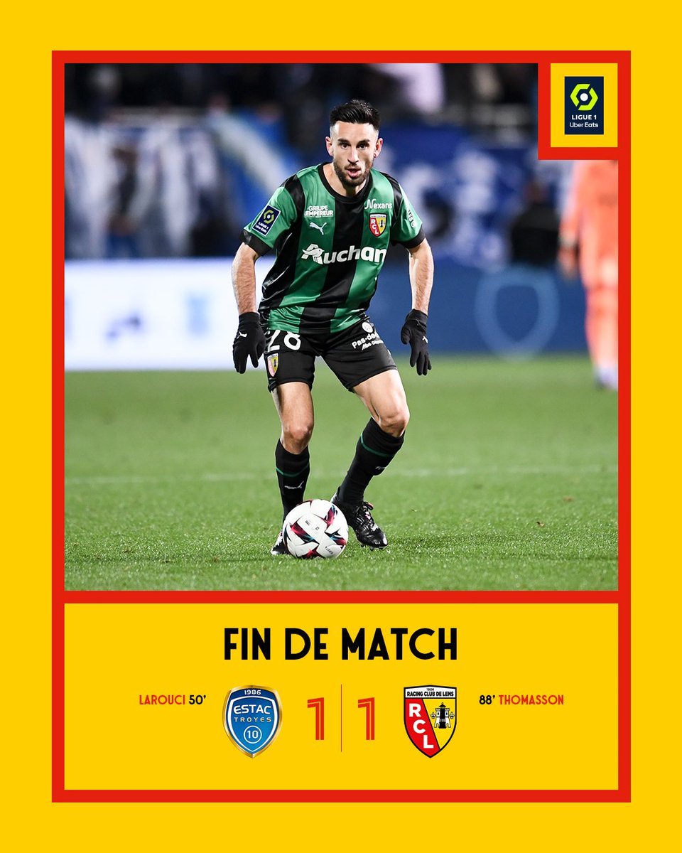 supplensois's tweet photo. #France 🇫🇷 #Ligue1 #Troyes #RCLens #ESTARCL Le RC Lens arrache le match nul ! (1-1, Thomasson) https://t.co/n6lfetxr3a