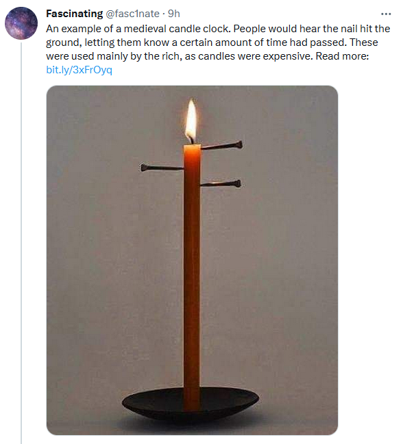 fakehistoryhunt's tweet photo. So what is it, Roman or Medieval? ;)

Curious though, what are the oldest sources for people using this nail in candle alarm clock trick?
May research later. https://t.co/bsoAWJzuEw