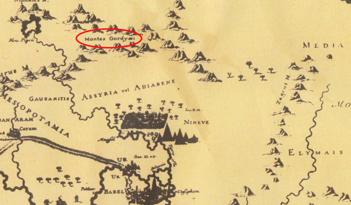 An extract from the 'Charles XII Bible' published in 1703 that contains a map of Western Asia which is titled 'Earthly Paradise Location' In it, both 'Montes Gordyaei' (translating to Mountain of the Kurds/Kurdistan) and 'Media' can be found