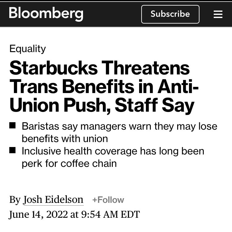 SEIU's tweet photo. Faux-woke companies like @Starbucks brand themselves as places that are gender-affirming &amp; safe for LGBTQ+ folks, but when we organize, #Starbucks uses that angle to intimidate us &amp; stop our union. Shameful! Tell them to stop union busting: https://t.co/QA5nEumXfx #UnionsForAll https://t.co/Ls4GmyKx4d