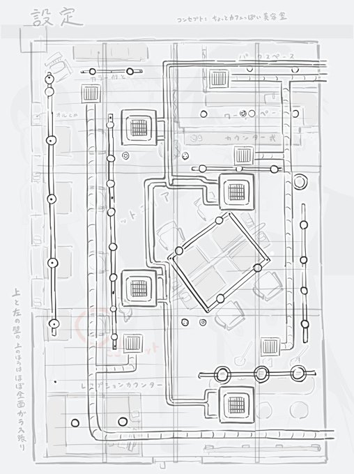 美容室の設定、天井の配管むき出しのデザインにしようとしているので、超テキトーですが照明や配管の配置をざっくり設定してみました。背景の雰囲気とのギャップでとてもエッチな作品にしたいと思います! 