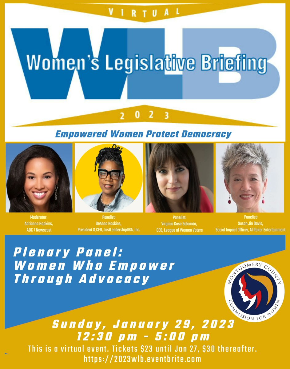 LWV's tweet photo. We’re excited to have our CEO @KaseVirginia join @MoCoWomen for the virtual 2023 #MoCoWLB on Sunday, Jan. 29! We’ll be there to learn how to protect democracy through empowerment &amp; hear from policy professionals! 

Learn more and register: https://t.co/LJzpcPm3AL #WLB2023 https://t.co/J3SEGpVsm8