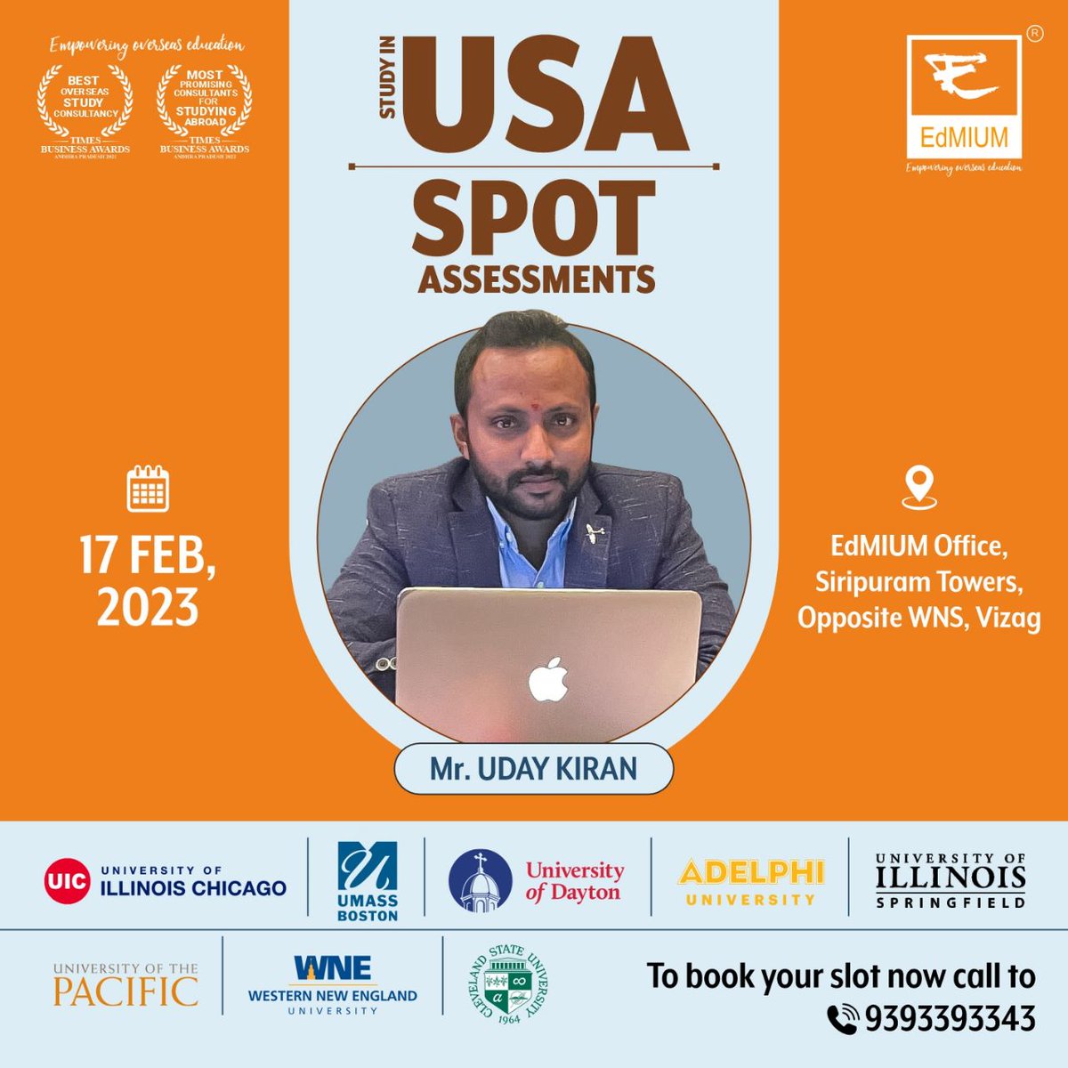 edmium's tweet photo. Edmium brings Study in USA Spot Assessment for all desired students! Apply to your dream university.

Meet University Representative
Mr. Uday Kiran

Date : Feb 17,2023
Venue : Edmium Vizag Office

Book your seat today! Join us and meet university representative https://t.co/RL4NbRdWtN