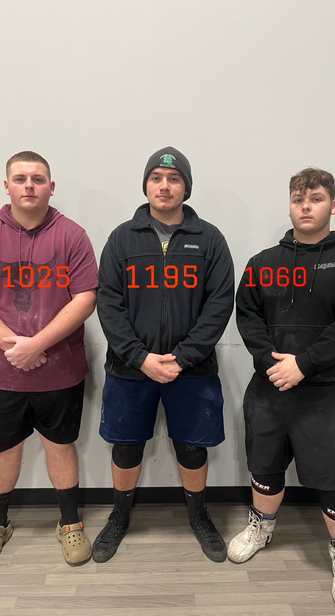 3 of our guys did well today in a powerlifting meet. <a href="/ChaseBeard03/">Chase Beard</a> <a href="/DylanBaker5054/">Dylan Baker</a> <a href="/GavinBilbay/">Gavin Bilbay</a> Their combine lift totals are on the picture. Bench, Deadlift, and Squat.