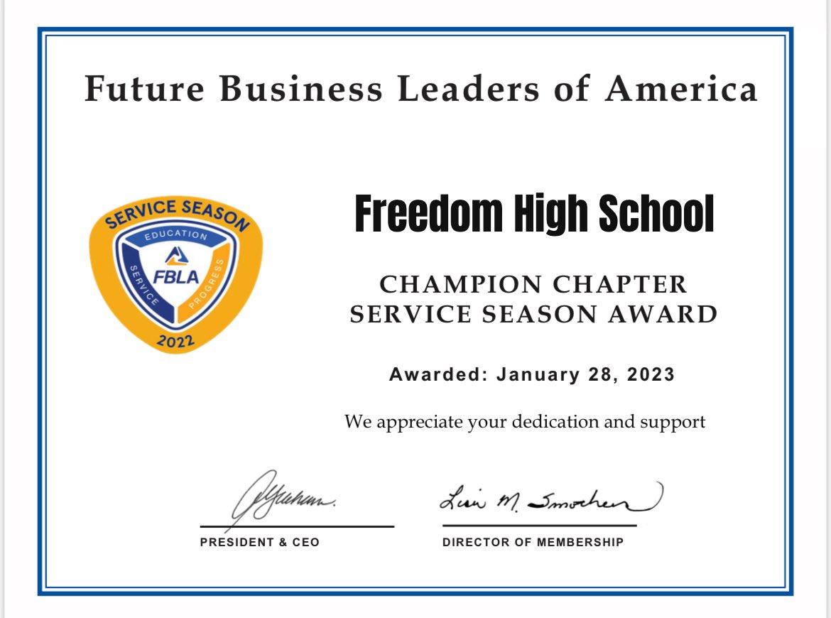 FREEDOMHS_FBLA's tweet photo. We earned a Service Season award! Special thanks to our officers and members for working hard to complete the required tasks. Great job Eagles! #ChampionChapter #FBLA https://t.co/M9B9OX8GY8