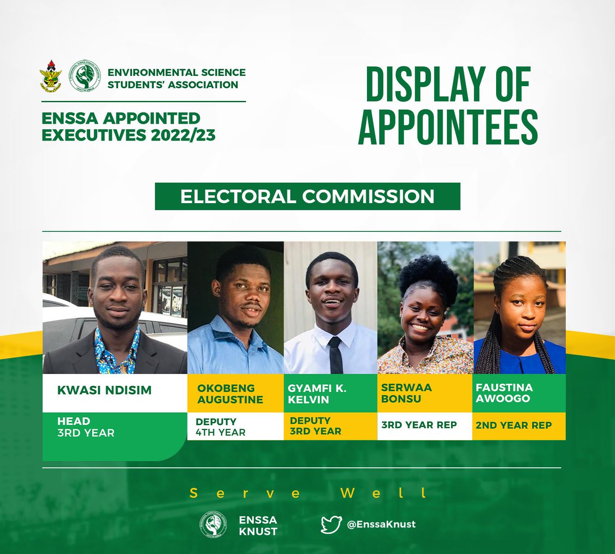 EnssaKnust's tweet photo. 📌DISPLAY OF APPOINTED EXECUTIVES

These are the appointed executives of the electoral commission for the 2022/23 administration.

Congratulations!
Do serve well🥳 https://t.co/y3a3po163s