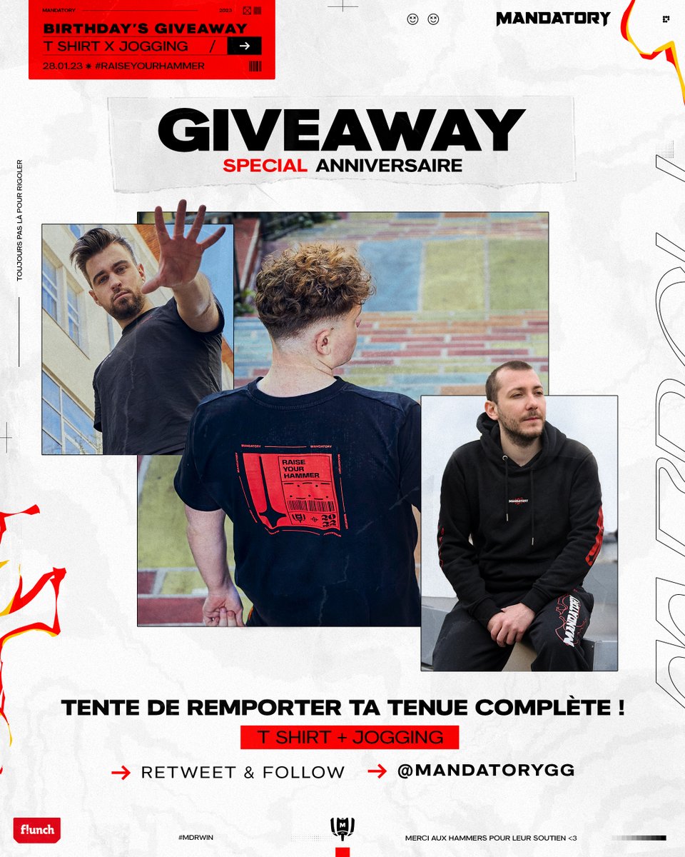 Pour fêter les 1 an de l'équipe, tentez de remporter une tenue complète Mandatory avec un t-shirt et 1 jogging ! 🟥🔨

Pour participer ⬇️
- RT ce tweet
- Follow <a href="/MandatoryGG/">MANDATORY</a> 

TAS le 03/02