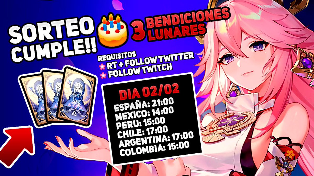 ⭐️🌸 SORTEO ESPECIAL CUMPLE 🌸⭐️

🎁 3 BENDICIONES LUNARES del #GenshinImpact 🌙

➡️ Para participar:

🌸 Follow <a href="/CrysCraftt/">✨💥⭐ CrysCraft ⭐💥✨</a> y darle RT a este tweet 🔁
🌸 Follow Twitch twitch.tv/cryscraft

➡️ El sorteo se hará el 2 de febrero en Twitch a las horas de la imagen 🕦