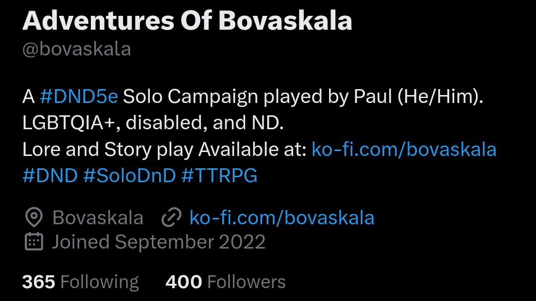 *hasn't been active on twitter for a bit finally checks*
Oh! Wow! 400 followers!? Thanks everyone.