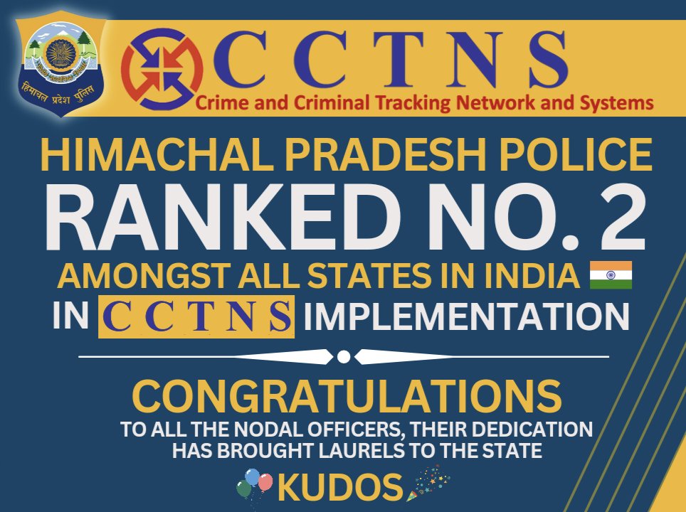 himachalpolice's tweet photo. #CCTNS #Rank2 #AllIndia #Kudos #NodalOfficer #HimachalPolice #CrimeTracking #HPPolice https://t.co/qBrroyEvtq
