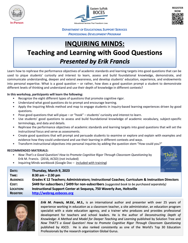 Maverikedu12's tweet photo. Proud to host a workshop based on the @ASCD book NOW THAT'S A GOOD QUESTION!
@ESBOCES, Thursday, March 9, 2023
Register here: https://t.co/BYDSo2n0LK
#dokchat #edchat #goodquestions #essentialquestions #inquiry #teachertwitter #academictwitter #edutwitter https://t.co/uSV5s9k55G