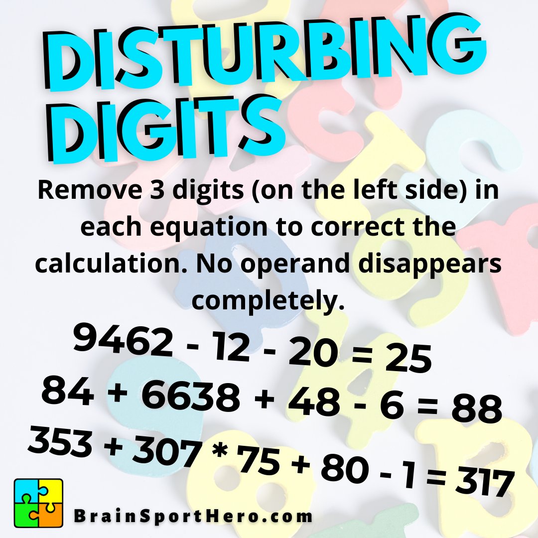 BrainSportHero's tweet photo. Remove 3 digits (on the left side) in each equation to correct them. No operand disappears.
More #brainpuzzles:
https://t.co/FbTjeoL78l
#braintraining #brainteasers #angular #indiedev #indiegamedev #fun #typescript #brainpuzzle #screenshotsaturday #mathpuzzles #puzzlefun #puzzle https://t.co/6a205jVUsg