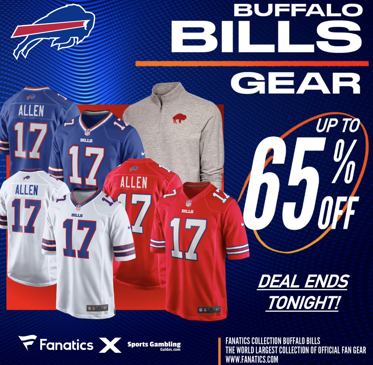 BUFFALO BILLS MEGA SALE, <a href="/Fanatics/">Fanatics</a>‼️ Get up to 65% OFF Bills gear! 

BILLS FANS — Get up to 65% off on your team’s jerseys and gear today at Fanatics using THIS PROMO LINK: fanatics.93n6tx.net/BILLS65OFF 📈

DEAL ENDS TONIGHT! 🤝