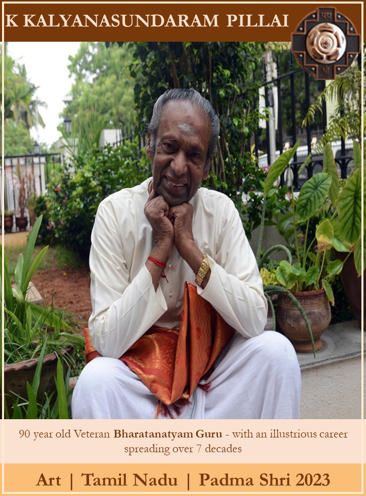 PadmaAwards's tweet photo. Shri K Kalyanasundaram Pillai, 90 year old Veteran Bharatanatyam Guru - with an illustrious career spreading over 7 decades.
#PadmaAwards2023 
#PeoplesPadma https://t.co/RTdnT6ELqg