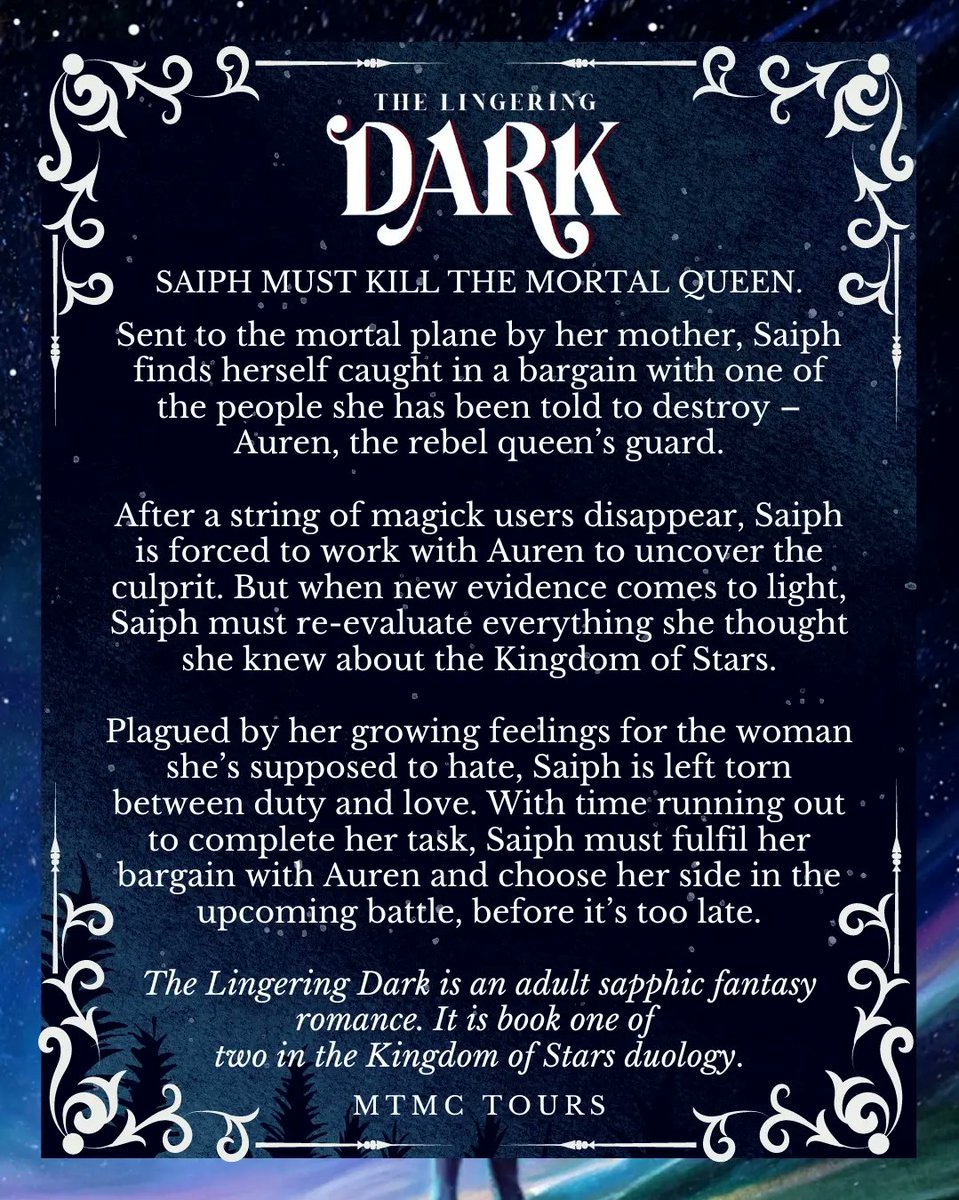 rozanne_visagie's tweet photo. 🌠Welcome to my stop in the Promo Tour for The Lingering Dark by @jadechurch_ 🌠The Lingering Dark is an adult sapphic fantasy romance &amp; book one of the Kingdom of Stars duology. Out now!
》Enter the INTL GIVEAWAY https://t.co/oHeiFBPhwc

#thelingeringdark #jadechurch #mtmctours https://t.co/9t8I2x1vbm