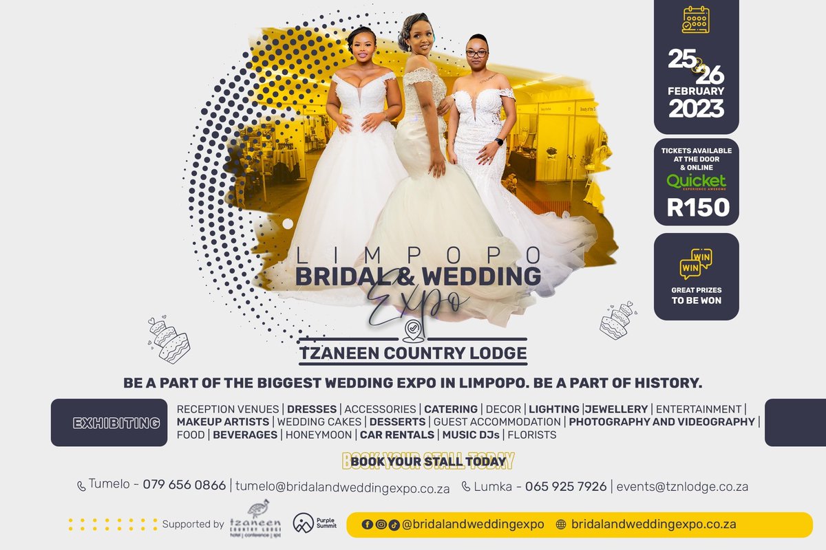 🚨 E V E N T _ A L E R T

Limpopo Bridal &amp; Wedding Expo 2023 coming to Tzaneen Area!

Calling out all wedding suppliers to book their stands and showcase their products and to all the newly engaged couples to visit the show.

Website: bridalandweddingexpo.co.za
#go2tzaneen