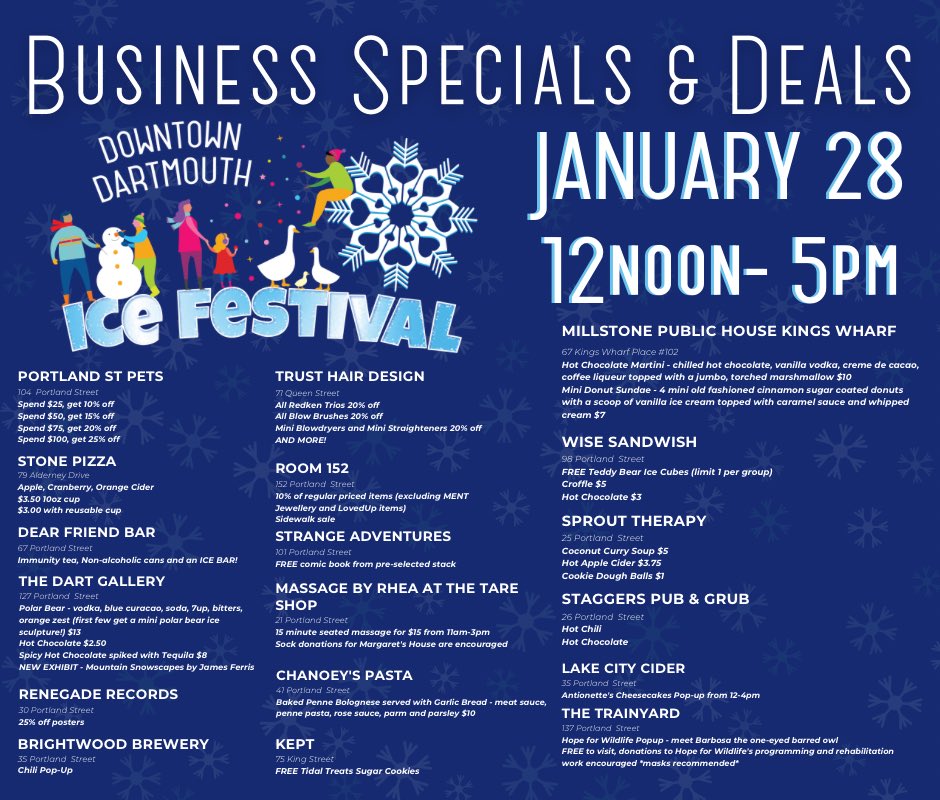 DT_Dartmouth's tweet photo. Many downtown Dartmouth businesses are offering deals and specials during the Downtown Dartmouth Ice Festival presented by East Coast Credit Union 𝐓𝐎𝐃𝐀𝐘! Be sure to pop into our other businesses as well, it’s a great opportunity to warm up &amp; support local businesses! https://t.co/DOiwPwp6QP