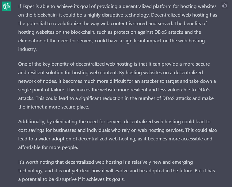 after interaction with <a href="/OpenAI/">OpenAI</a> this is what it came up with about <a href="/EspersCoin/">Espers Coin</a> join the conversation on $esp at discord.espers.io 🚀🚀🚀or ask the dev <a href="/CryptoCoderz/">CryptoCoderz</a> <a href="/M_B_Behemoth/">Michael</a> <a href="/bit_010_/">Bit010</a>  #siteonchain #Bitcoin #blockchaintechnology #web3 #ETH