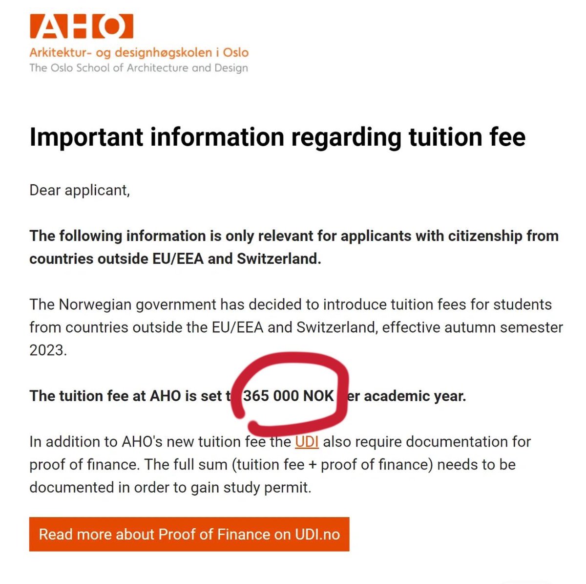 挪威确定开始收学费了，北欧再无免费挪威名校奥斯陆大学AHO的最新2023年开始对欧盟/欧洲经济区和瑞士以外国家申请人收费，学费每年36.5万挪威克朗 ，大概25万人民币，而且几乎没有奖学金。这个收费水平直逼新美澳加，再加上当地的高物价，估计会劝退一大波之前挪威的真爱粉。