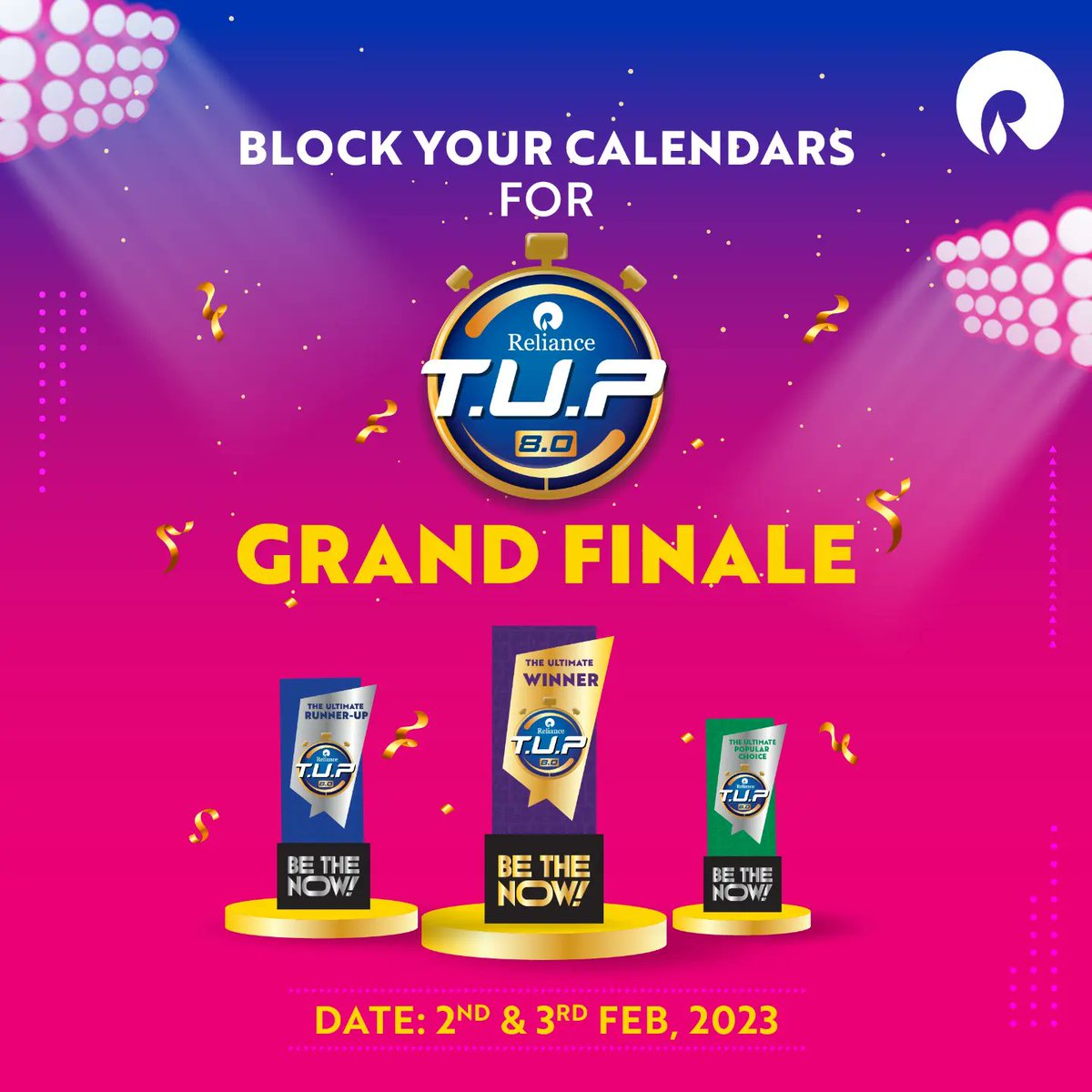 RILCampus's tweet photo. Get ready, get set, go! Mark your calendars, folks! 🗓️
Join us as we celebrate innovation, creativity, and the power of great ideas at TUP 8.0 Grand Finale on the 2nd & 3rd of Feb. 🎉
#TheUltimatePitch8 #YouAreTheNew #BeTheNow #Reliance #RIL #TUP https://t.co/Zo55ieQHrC