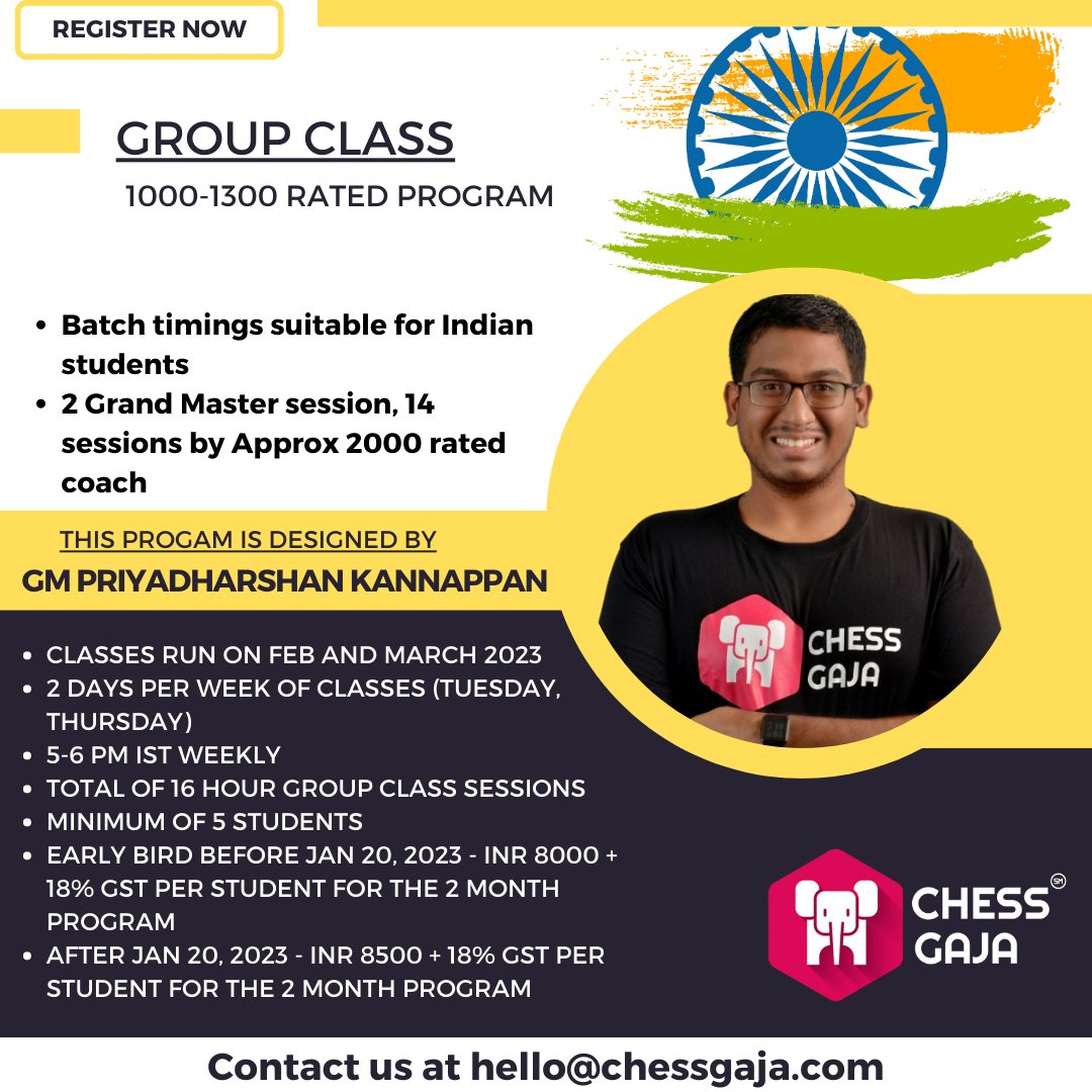 Act fast! Only 2 spots left and the early bird offer has been extended. Book now before it's too late!

#chess #ChessOnline #chesslessons #chesstournaments #chesspunks #ChessChamps #ChessGaja #chessgroupclass #indianchess #singaporechess