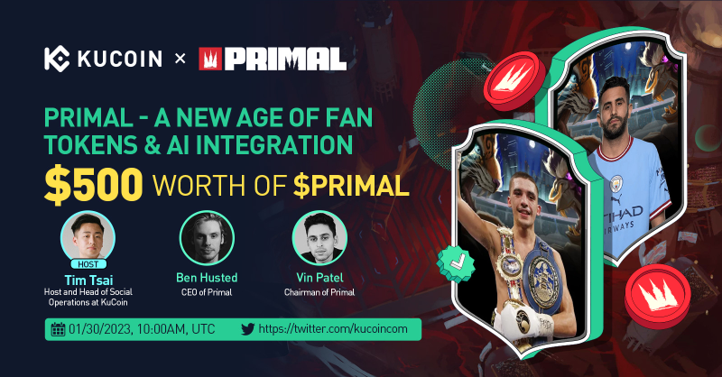 kucoincom's tweet photo. Join our next #KuCoin Twitter Space with host @timmtsai &amp; guests from @enterprimal to discuss the new age of fan tokens &amp; AI integration.

10 Winners of $50 in $PRIMAL
1⃣Follow @kucoincom &amp; @enterprimal
2⃣RT &amp; tag 2 friends
3⃣Join the Twitter Space until the end

✅Set a reminder
