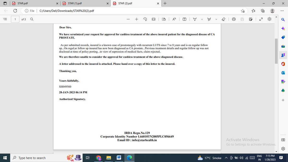 GoharAsif's tweet photo. Doctor issued me a recommendation letter that the prostate malignancy is recently diagnosed but Star Health is considering it as a pre-existing condition.

Claim Intimation Number:  CIR/2023/171100/1409053

@COmbudsmen
@OmbudsmanDelhi
@HealthInsurance
@StarHealthIns 
@StarFraud https://t.co/fgumQs1hQ8