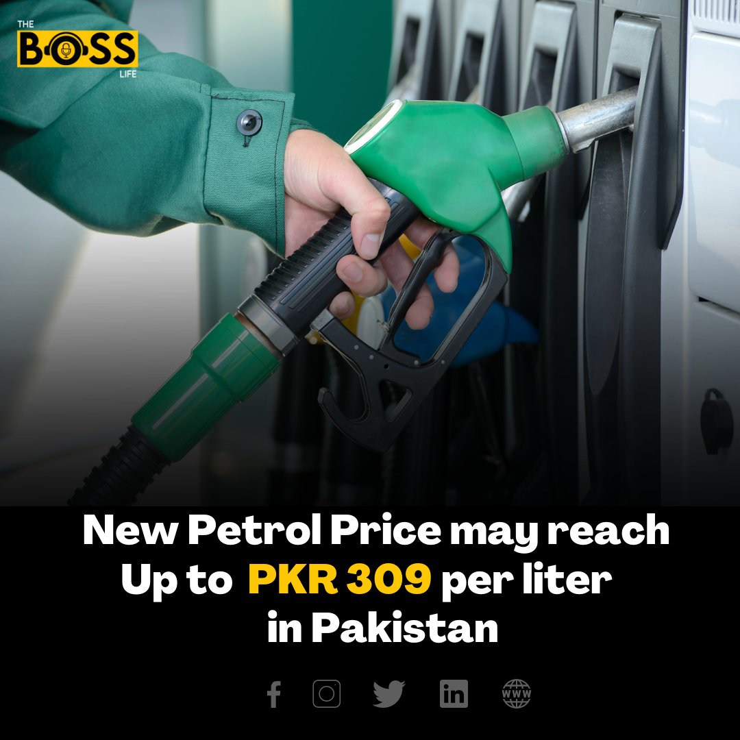 thebosslifepk's tweet photo. Following the sharp drop in the value of the rupee and the imposition of a sales tax on petroleum products, the new petrol price in Pakistan may rise to PKR 309 per litre.

#pakistanairport #petrolprice #increase #inflation #halatupdates #news #Lahore #pakistan #thebosslife https://t.co/3npTXS7ifQ
