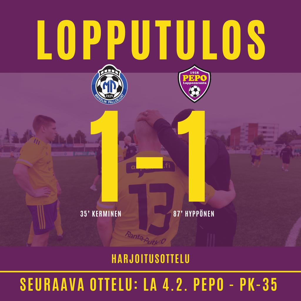PEPOedustus's tweet photo. PEPOn ja @MikkelinP  kamppailu päätyi tänään 1-1 tulokseen. PEPOn maalista vastasi Aapo Hyppönen Alex Oikkosen kulmapotkusta. Preseason jatkuu ensi viikonloppuna, jolloin PK-35 saapuu vierailulle Imatran Ukonniemi Areenalle. https://t.co/ZaZeHg6tvM