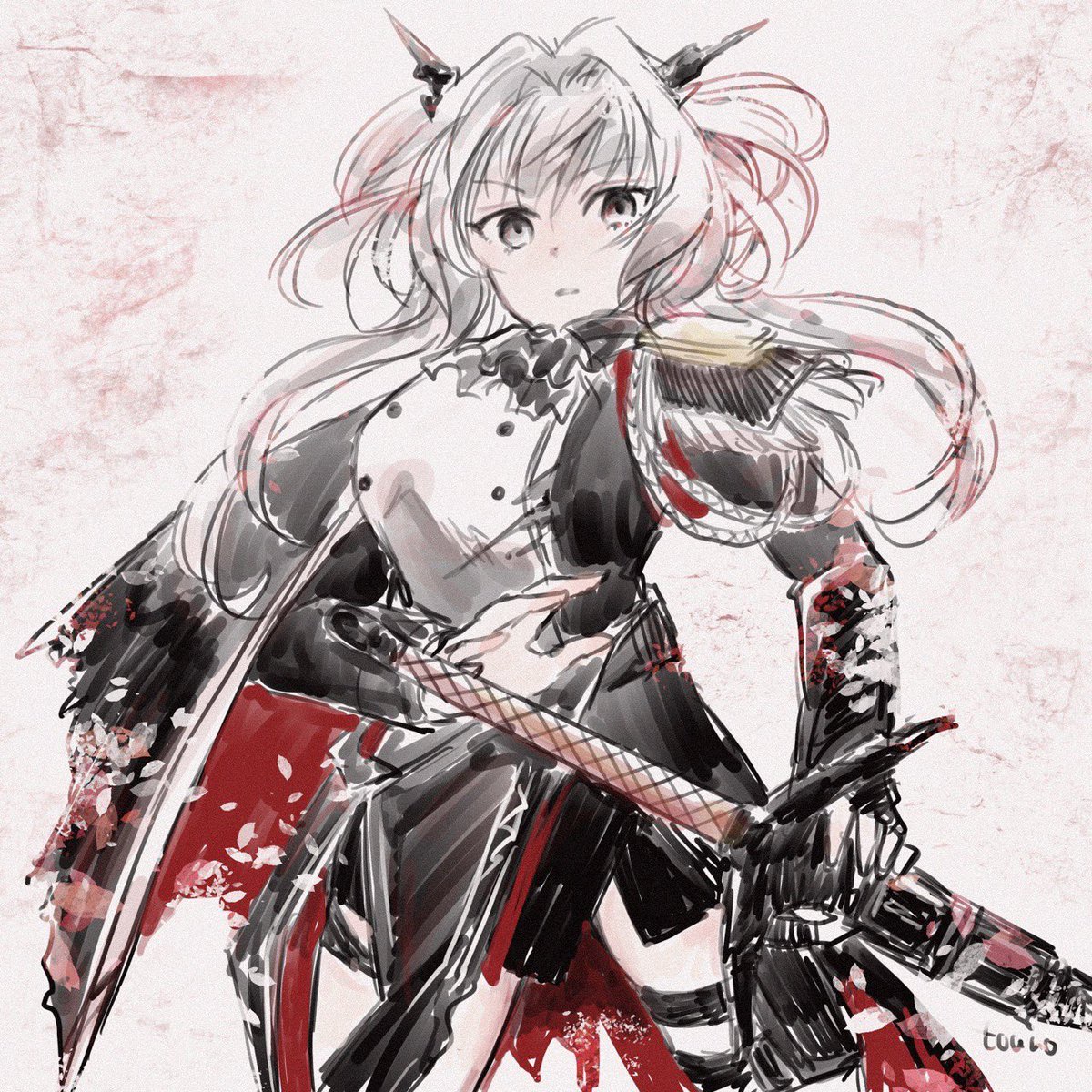 1girl solo horns weapon sword grey eyes holding weapon  illustration images