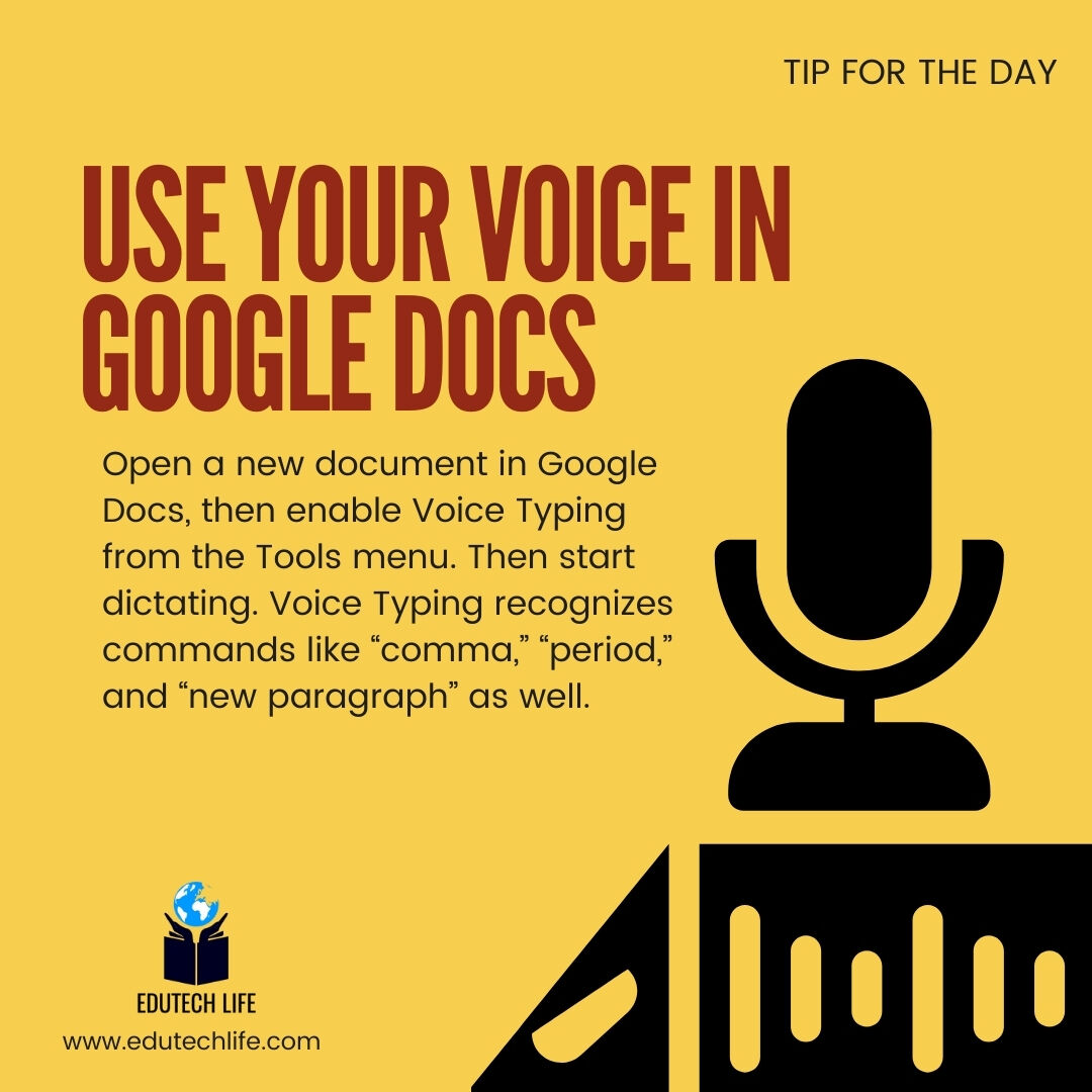 EdutechLife's tweet image. This week we are going to give you some quick quirky and fun trivia that could come in handy.

Tip : Use your voice in Google Docs

 #technicalworkshops #edutechlife #trainings #biologicalworkshop #workshops #TechnologyTraining