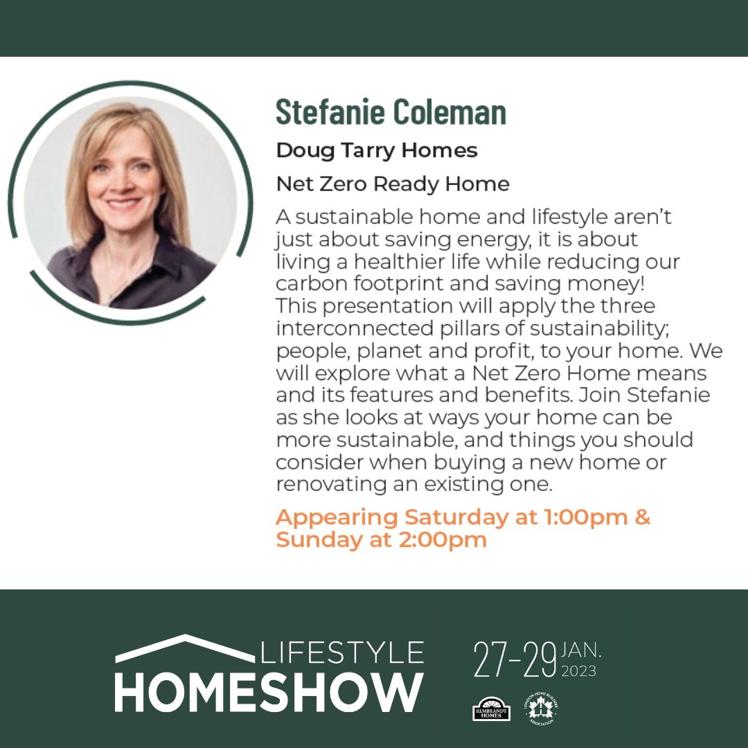 Come listen to Stefanie Coleman talk today at the Lifestyle Homeshow in London. You can catch her Net Zero Ready Home talk at 1:00pm today, and 2:00pm topmorrow. Way to go stef!

#netzeroready  #presentation  #lifestylehomeshow  #comelisten  #dougtarryhomes