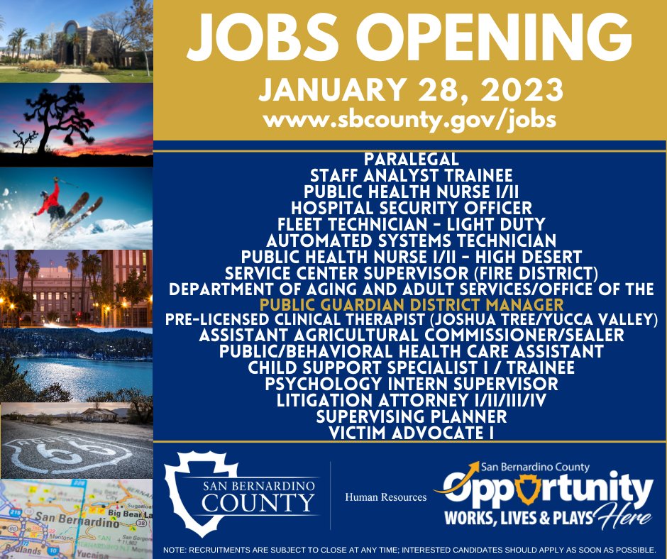 sbcountycareers's tweet photo. New jobs open now! Apply now for an opportunity to #MakeADifference with #SanBernardinoCounty!  #SBCountyJobs #Careers #LiveWorkPlaySBC #governmentjobs #OpportunityWorksHere #Jobs
#ApplyToday @ https://t.co/k2hOm7kb6P https://t.co/3ufJRHEjWc