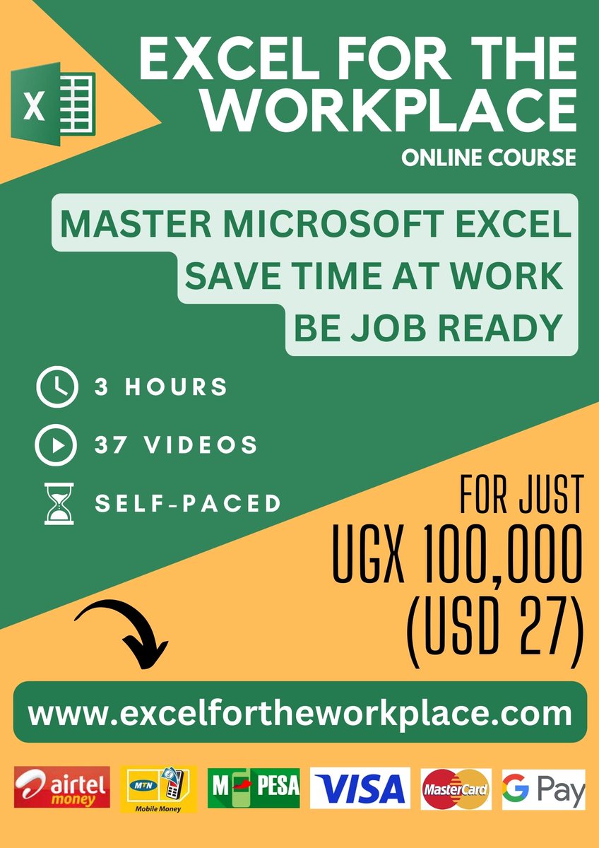 MatsikoEdgar's tweet photo. Hi there. I have created a Microsoft Excel online course that makes experienced professional knowledge accessible and affordable for everyone who needs it.

Enroll today at https://t.co/Dymo0AaD2z for just UGX 100k (USD 27) and become a Microsoft Excel expert. Kindly retweet🙏 https://t.co/n1uugrxpVY