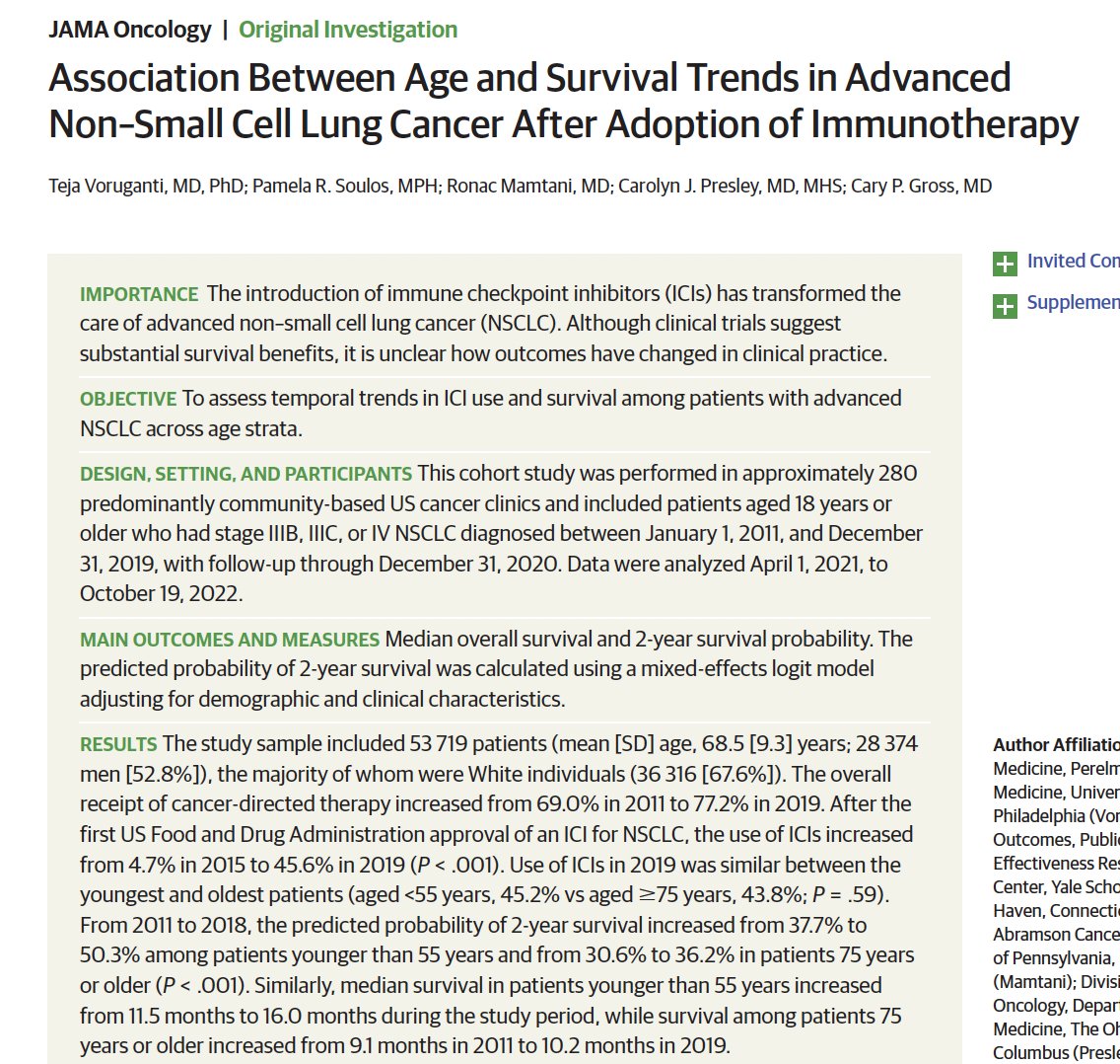 Cary Gross (@cpgyale) on Twitter photo *NEW STUDY, 🧵: Immunotherapy drugs have revolutionized #lungcancer care. Yet its unclear if older patients in clinical practice benefit. Led by terrific student (now <a href="/PennMedicine/">Penn Medicine</a> intern) Teja Voruganti, we took a look bit.ly/3HBqBzG (1/n) *NEW STUDY, 🧵: Immunotherapy drugs have revolutionized #lungcancer care. Yet its unclear if older patients in clinical practice benefit. Led by terrific student (now <a href="/PennMedicine/">Penn Medicine</a> intern) Teja Voruganti, we took a look bit.ly/3HBqBzG (1/n)