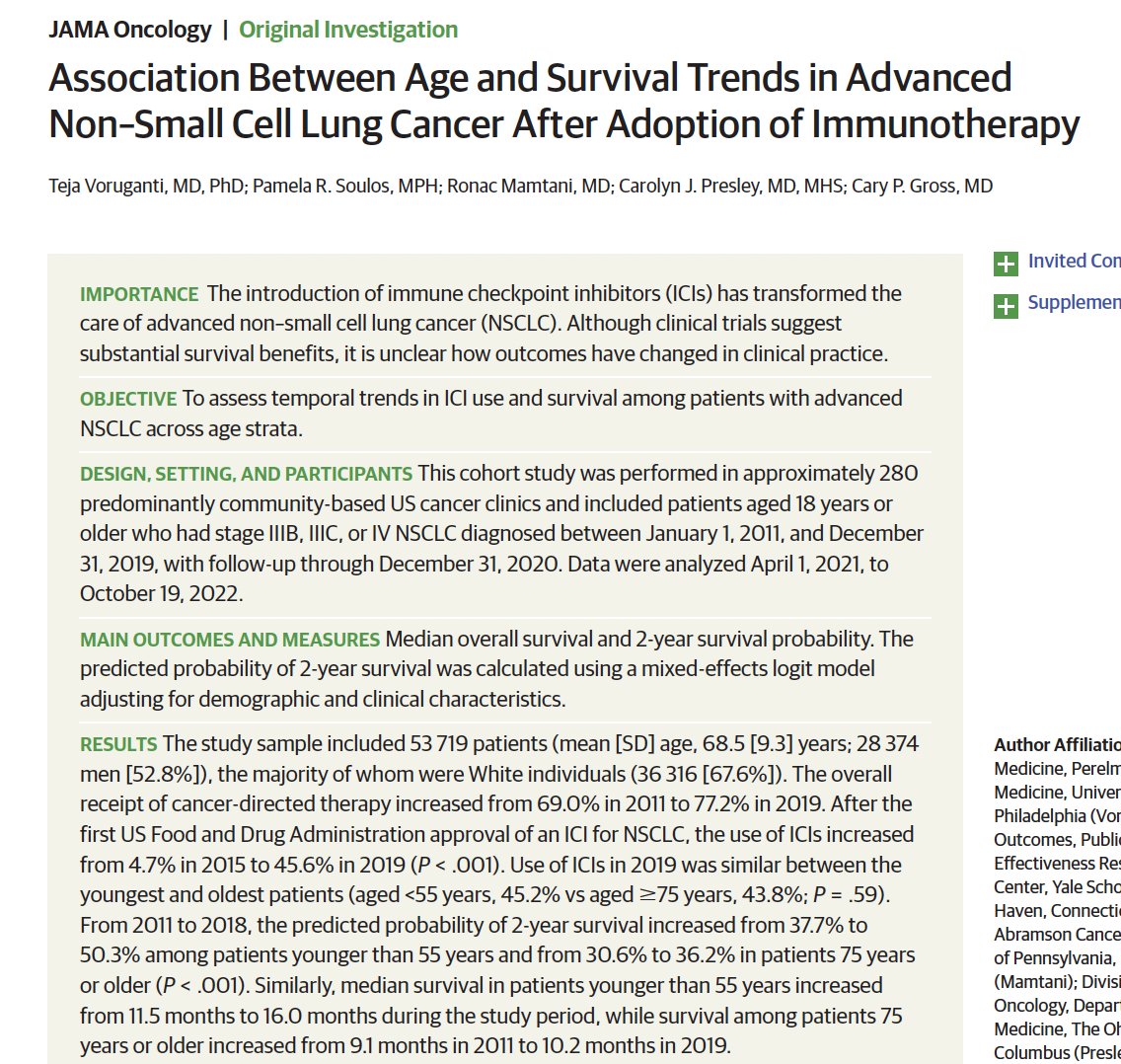 *NEW STUDY, 🧵: Immunotherapy drugs have revolutionized #lungcancer care. Yet its unclear if older patients in clinical practice benefit. Led by terrific student (now @PennMedicine intern) Teja Voruganti, we took a look bit.ly/3HBqBzG (1/n)