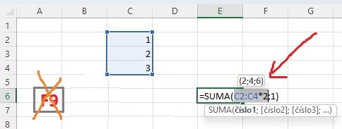 Excel umí bez použití F9 zobrazit dílčí výpočet