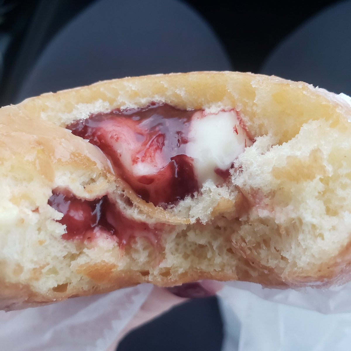 Bark and I have a tradition of getting a donut each before we get groceries on Saturday mornings. Asked for a jelly filled that had half n half of Raspberry jelly and Bavarian cream and the lady was like ......... I've never been asked for that before but okay 🤨 it slaps bestie