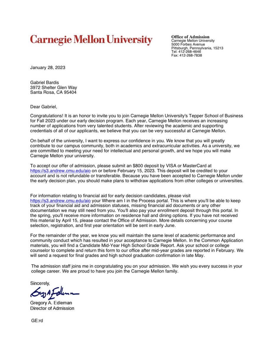 I’m excited to announce my commitment and acceptance to ⁦Carnegie Mellon University! I’d like to thank ⁦<a href="/CoachRyanLarsen/">Ryan Larsen</a>⁩ for giving me the opportunity to continue my academic and athletic career! I’d also like to thank my parents for helping me during this process!