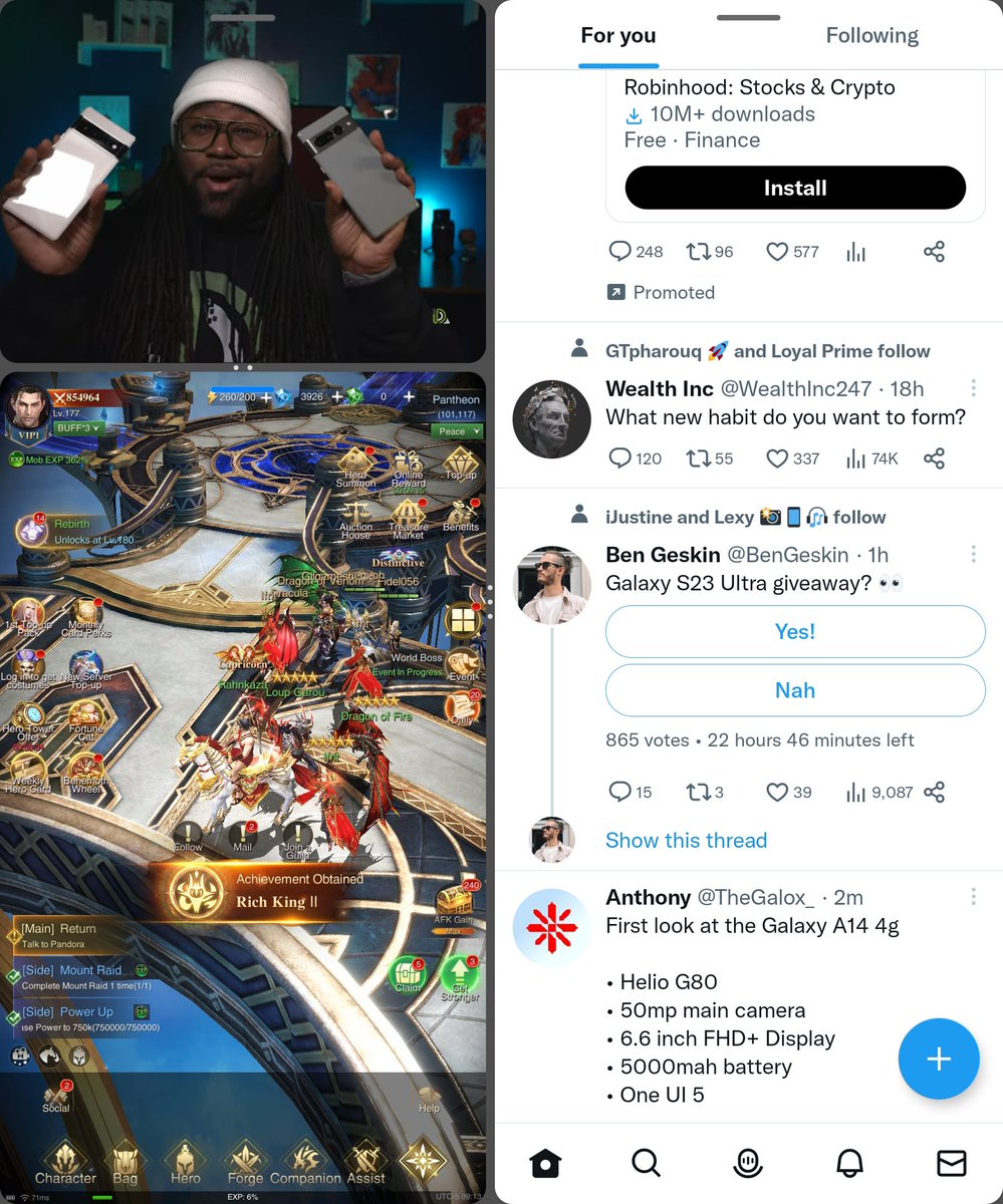 alionlikemane's tweet photo. @tech_instigator I'm especially enamored with this quick access setup I have that launches YouTube, Lost Era and Twitter.

I can comfortably watch the homie @dalevon_digital put in that work and let autoplay grind daily quests in #LostEra while I talk tech with y'all. https://t.co/O8isNBjhFx