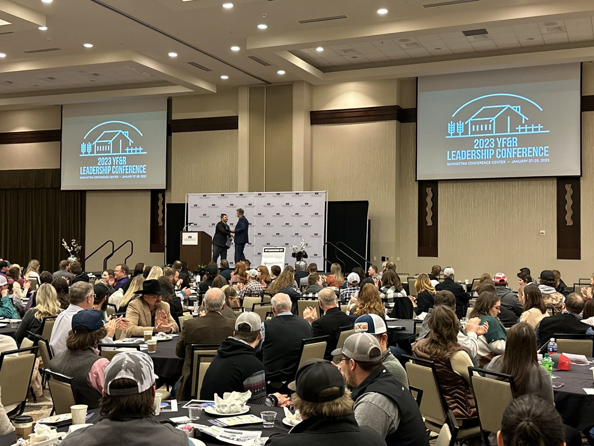 Garrett_Love's tweet photo. Two great Americans! @KSFarmBureau YF&amp;R Vice Chair Scot Schwieterman (Syracuse, KS) introducing Senator @RogerMarshallMD at YF&amp;R Leadership Conference w/ 500+  beginning farmers &amp; ranchers from around state. Good discussion on farm bill &amp; advancements in ag technology. #KFBYFR23 https://t.co/ITIhtPA1mg